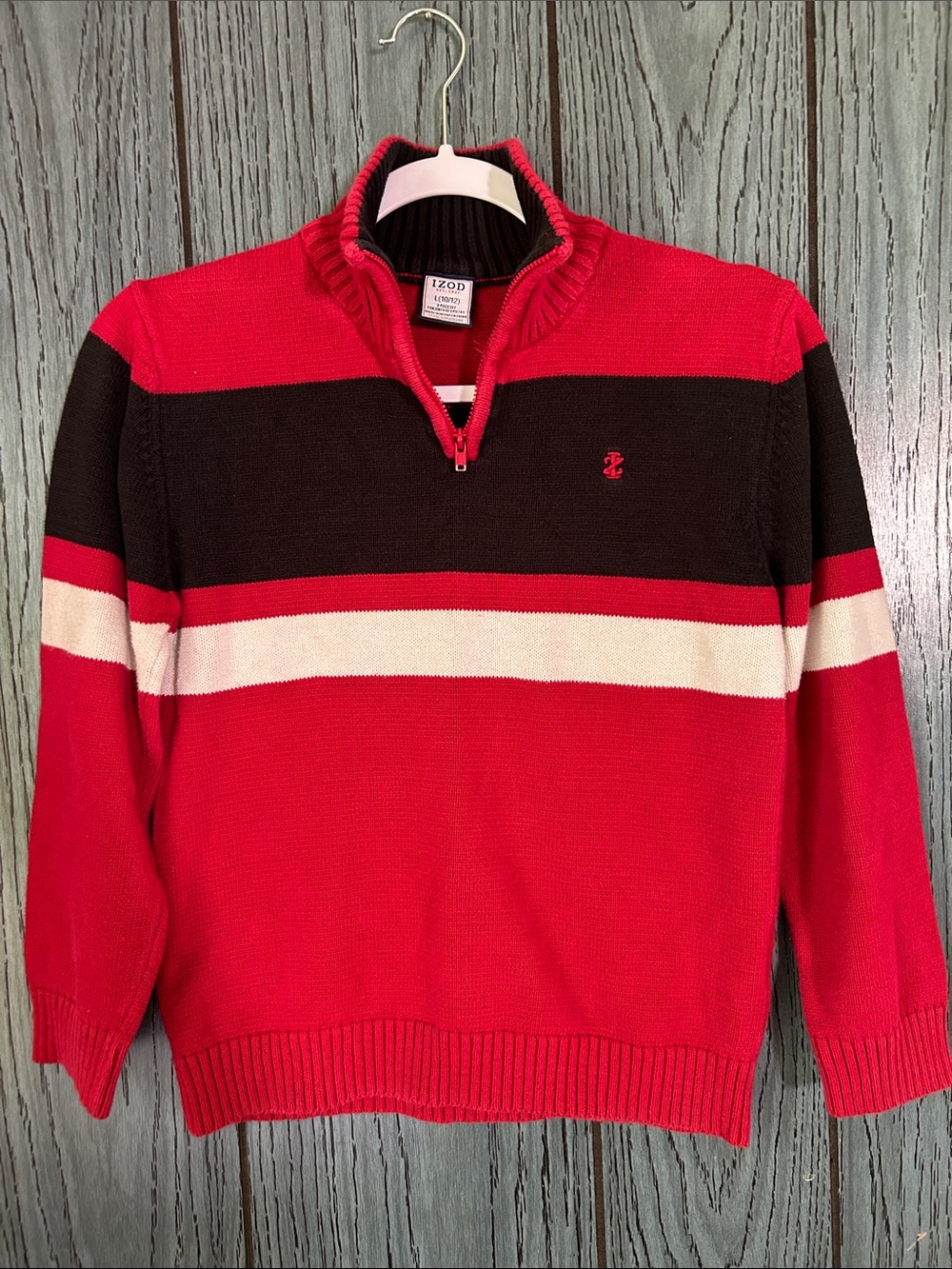 IZOD boys 10/12 Red & Black Quarter-Zip Stripe Sweater